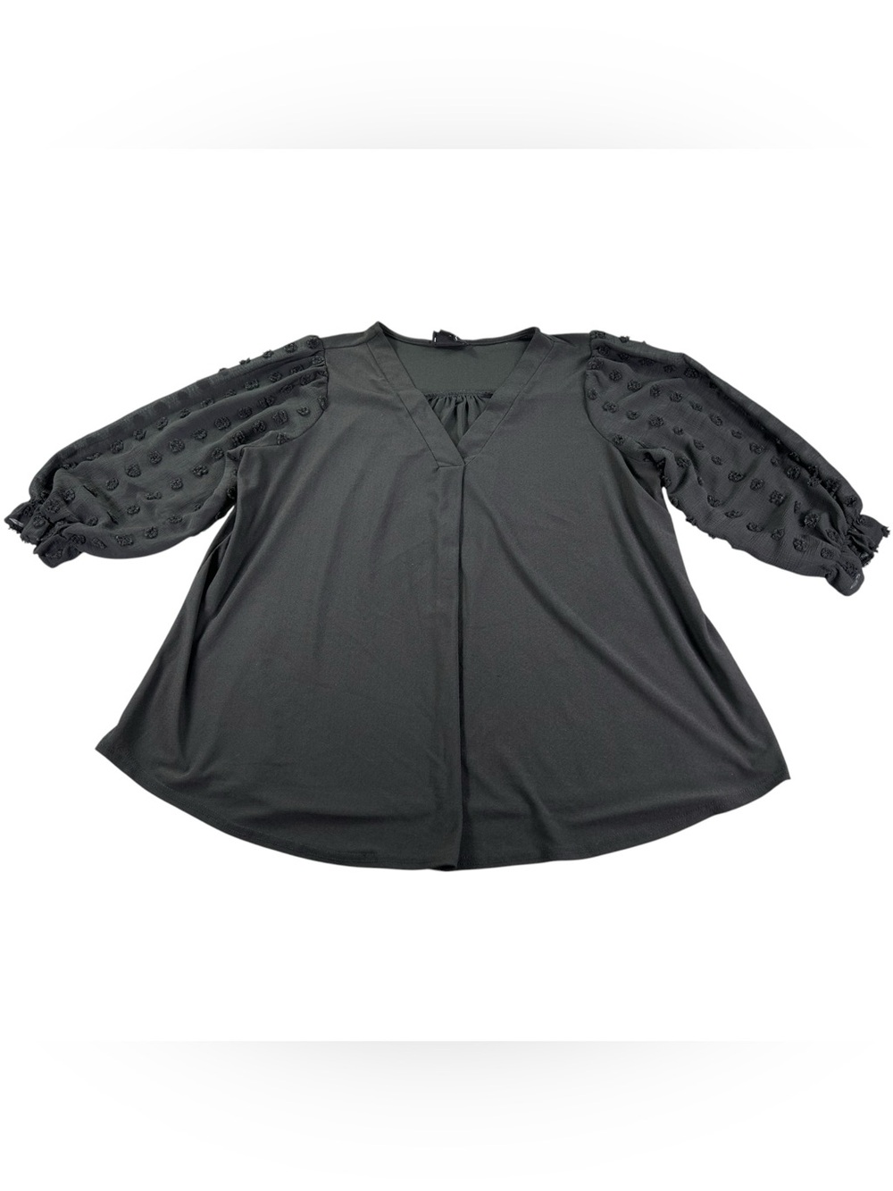 Flower & Feather Blouse Women’s 1XL Black Swiss Dot Sheer Puff Sleeve V Neck